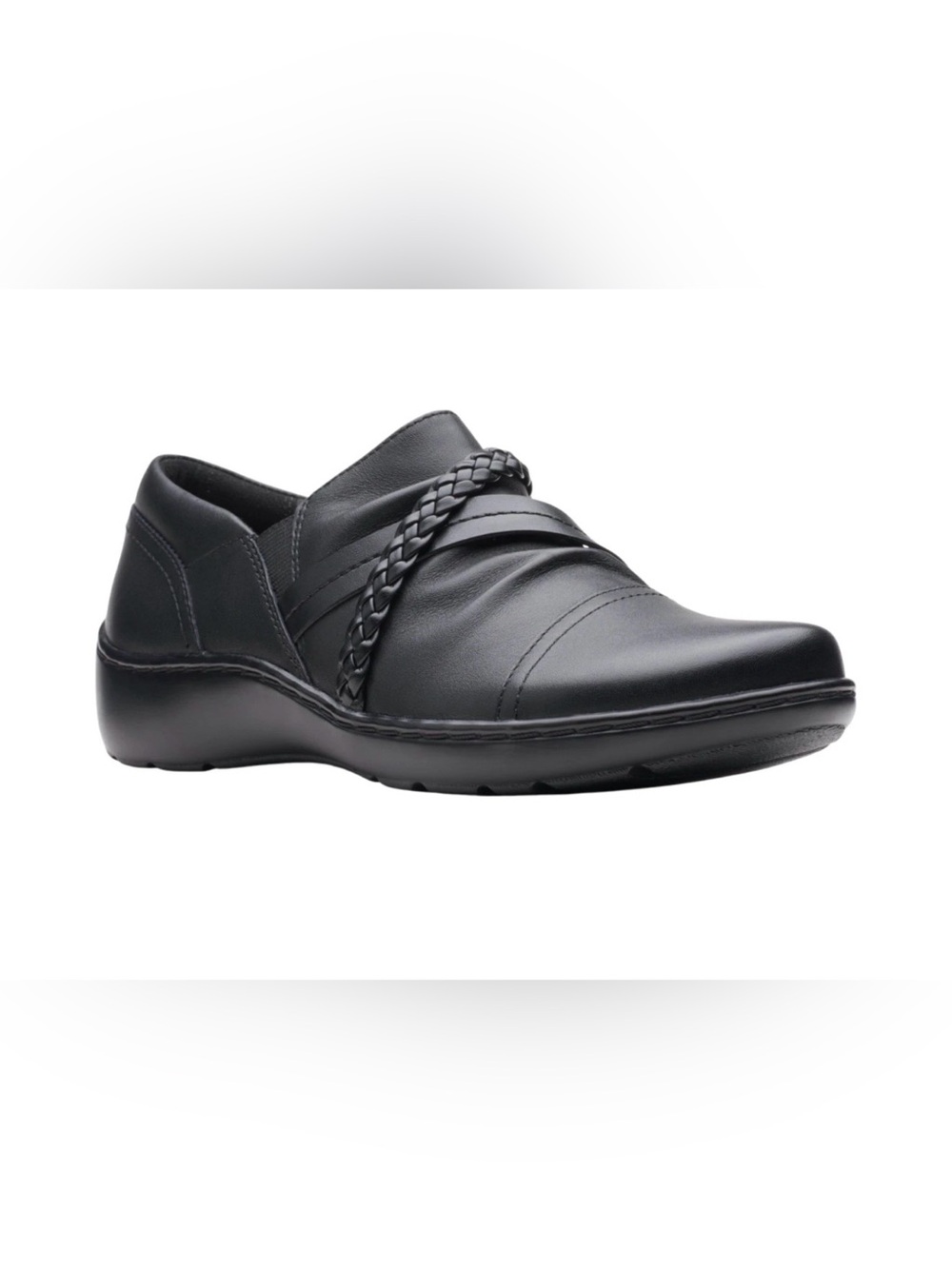 Womens Clarks leather slip ins Cora Braid loafer mule shoes Black Leather 9